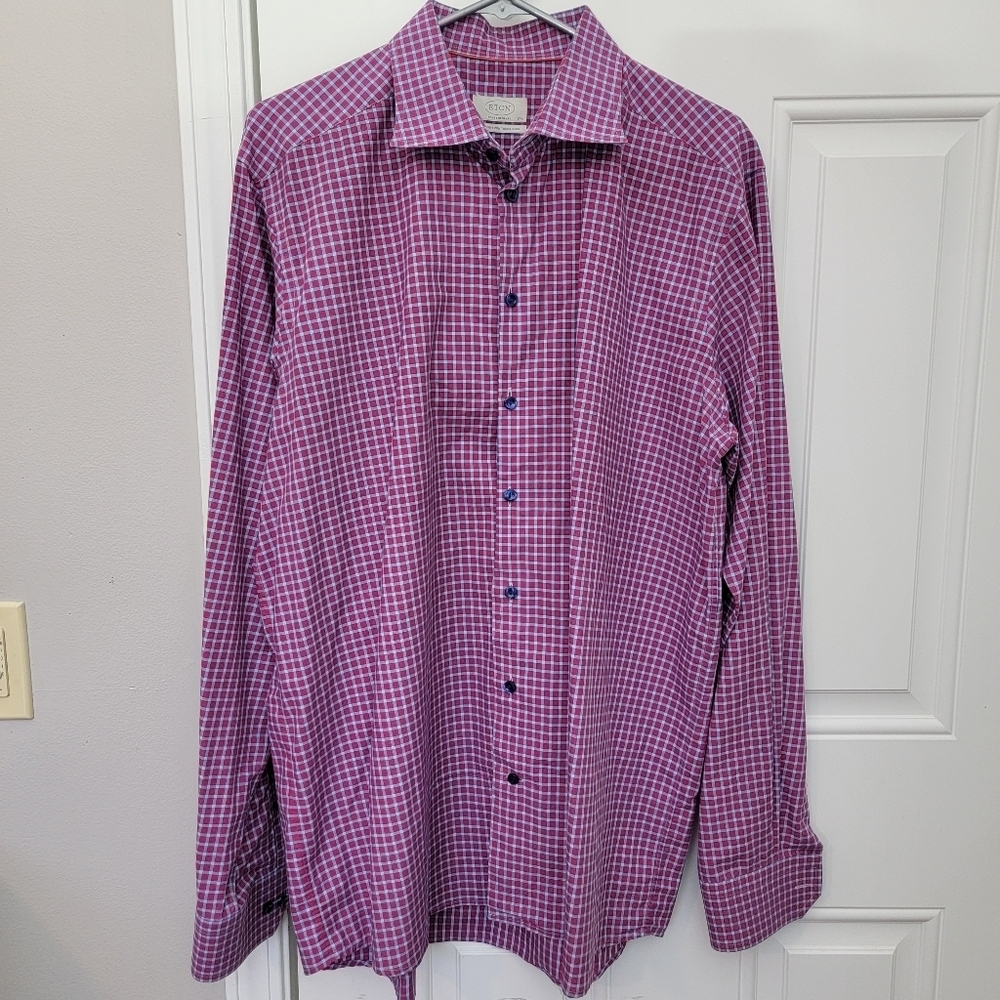 ETON Contemporary Red Blue Checked Mens Button Down Shirt Preppy 44 - 17.5